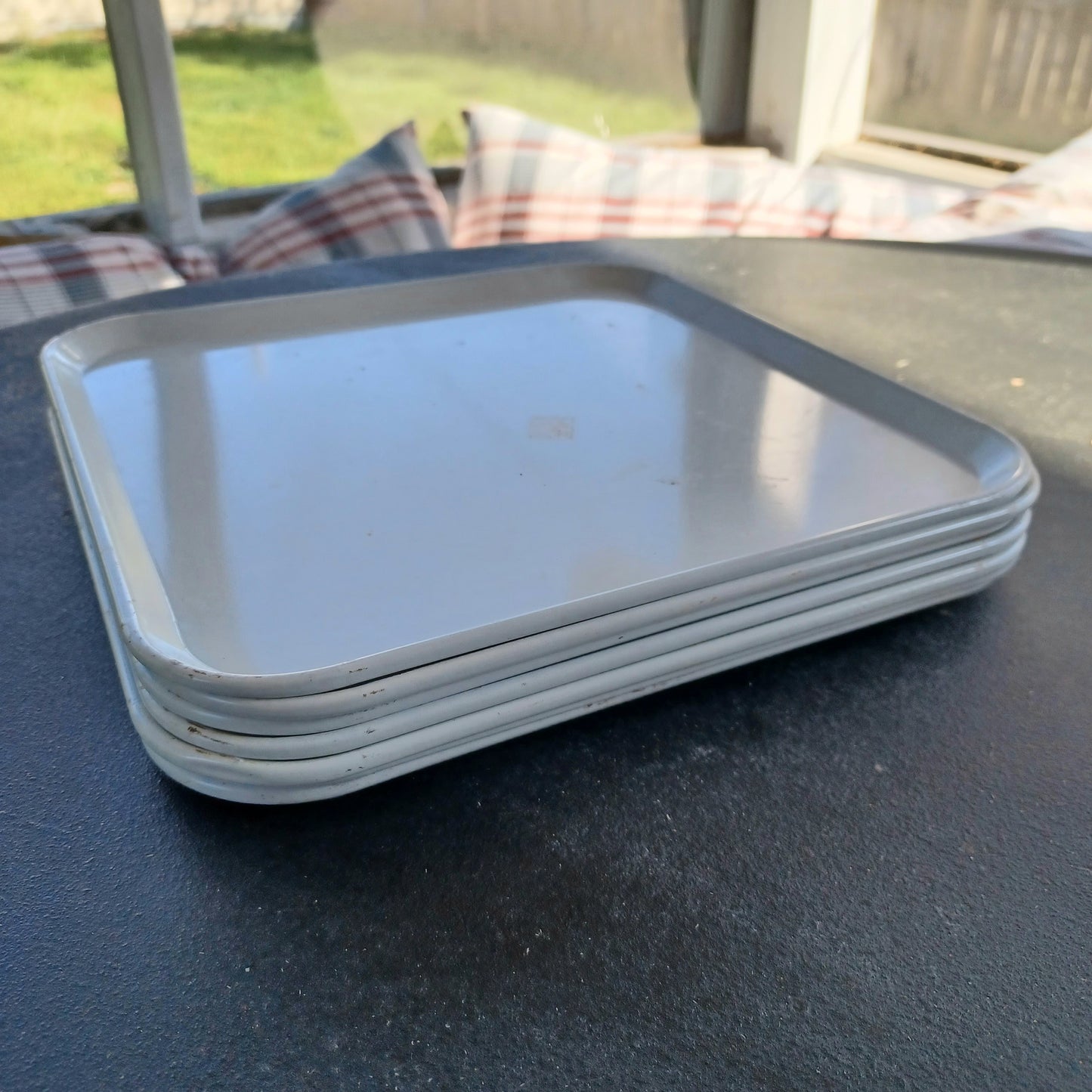 Vintage Enamel White Trays, Set of 7